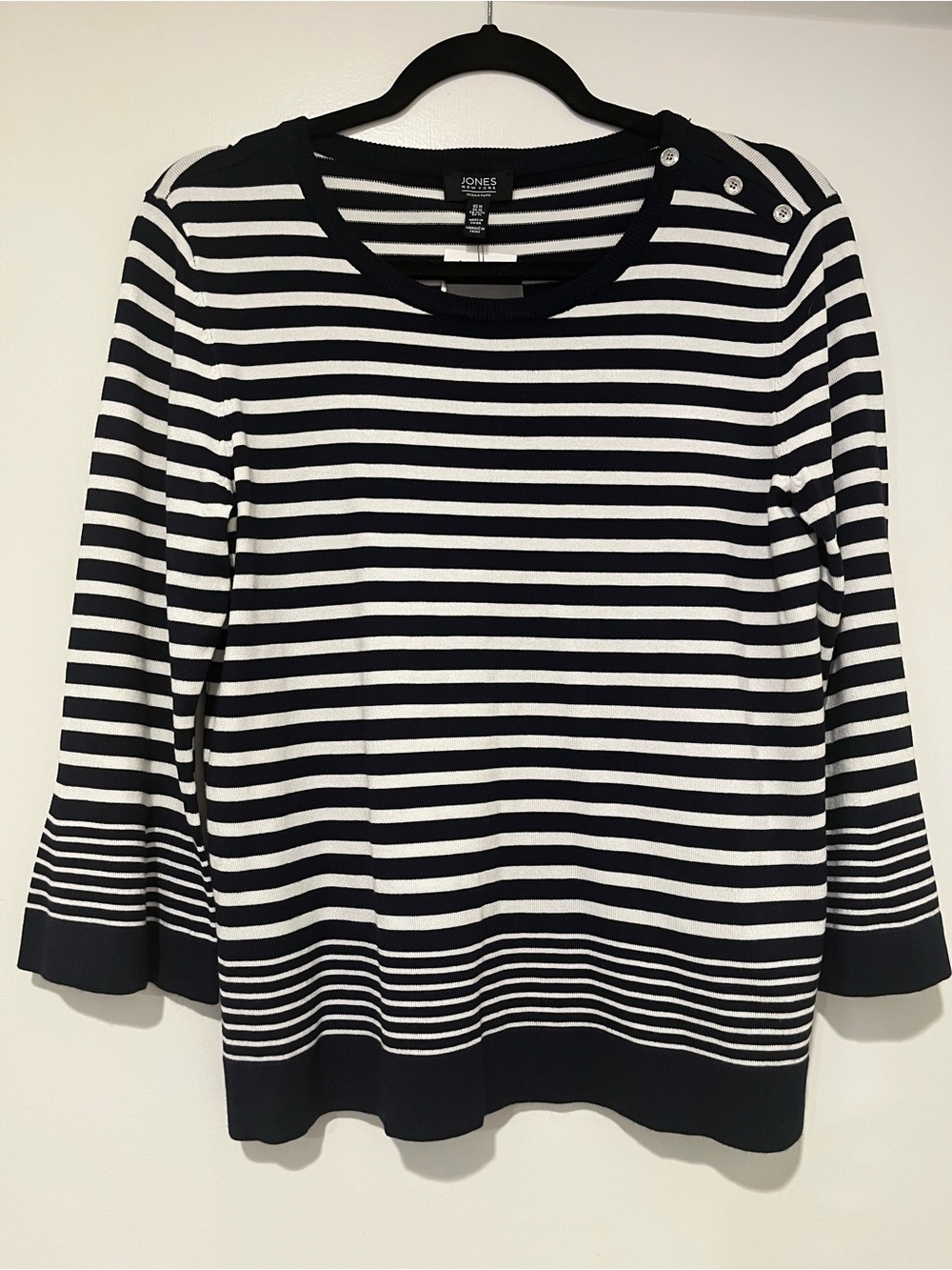 Jones New York Navy and White Striped Boatneck Sweater with Button-Shoulder